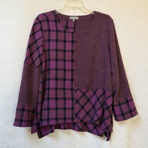 Habitat Women Blouse Top Shirt Size Small Plaid Artsy Patchwork Lagenlook Relax